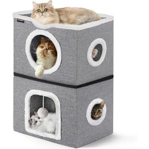 URPOWER 2 Story Cat Bed, Large Cat House for Indoor Cats Covered Cat Cave with Hideaway, Scratch Pad and Fluffy Ball, Foldable Cat Cube Condos Kitten Beds & Furniture for Multiple Small Pets