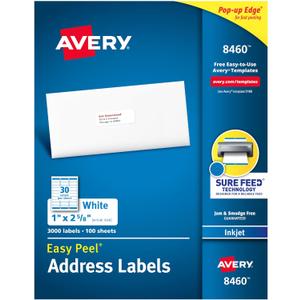 Avery Easy Peel Printable Address Labels with Sure Feed, 1" x 2-5/8" Customizable Stickers, White, 3,000 Blank Mailing Labels, Great for Mailing, Shipping, and More (8460)