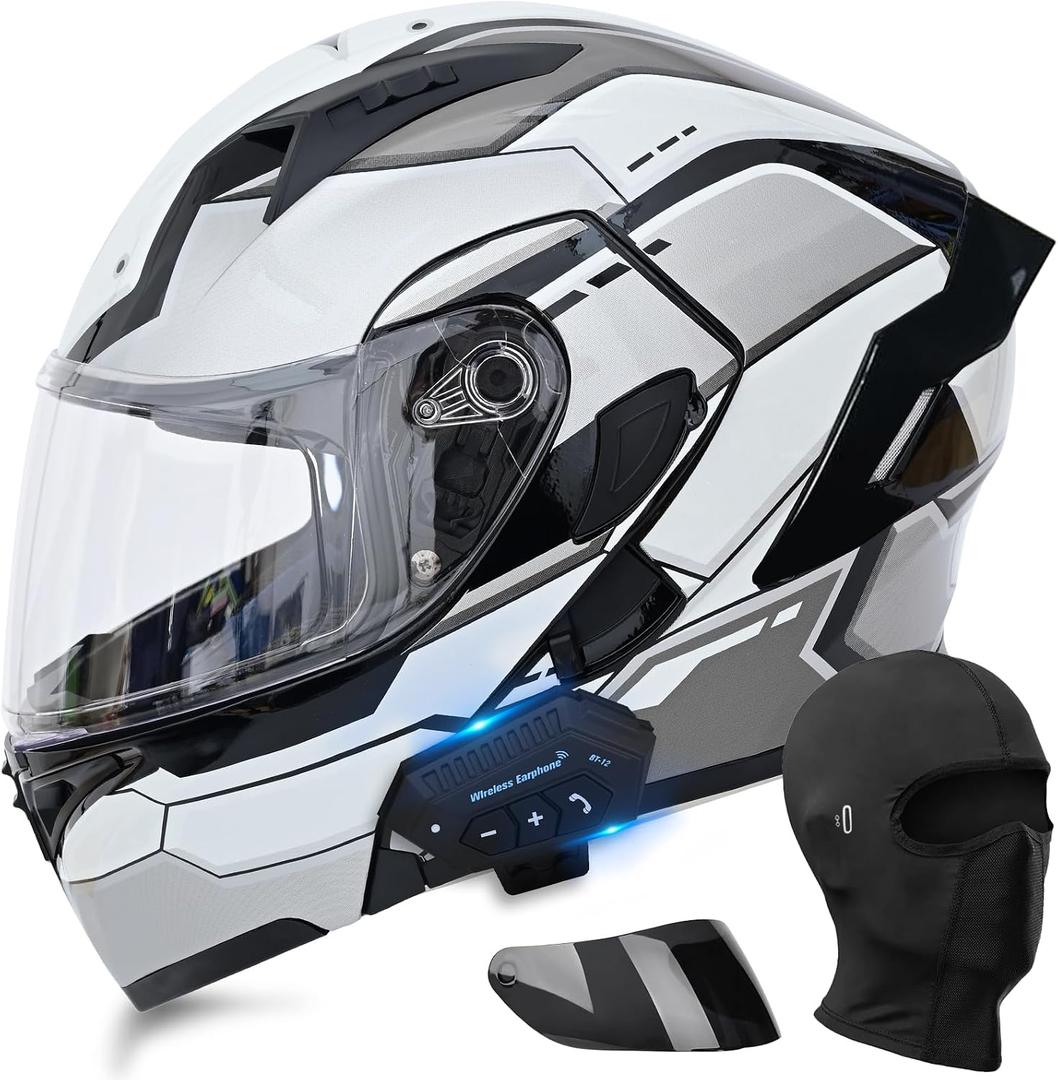 Bluetooth Modular Motorcycle Helmets, DOT Approved Flip Up Full Face Motorcycle Dual Visor Helmet, with Dual Speakers and Microphone, for Adults Men and Women, Large 