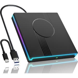 RGB External CD/DVD Drive for Laptop, External CD Drive USB 3.0 Type-C Portable DVD Player, CD Burner +/-RW Optical Drive, Slim CD ROM External Drive for Laptop Desktop PC Windows Mac (Black)