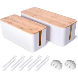 2 Pack Large Cable Management Box Wooden Style Cord Organizer and Cover for TV Wires, Computer, Router, USB Hub and Under Desk Power Strip Safe ABS Material and Baby-Pets Proof Lock (White)