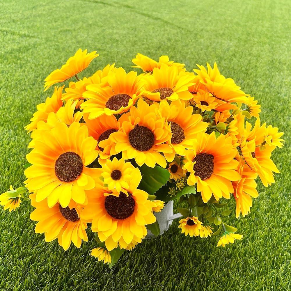 6pcs Sunflowers Artificial Flowers with 6 Large Sunflower Heads and Long Stems for Indoor Outdoor DIY Wedding Bouquets Baby Shower Centerpieces Floral Arrangements Party Tables Home