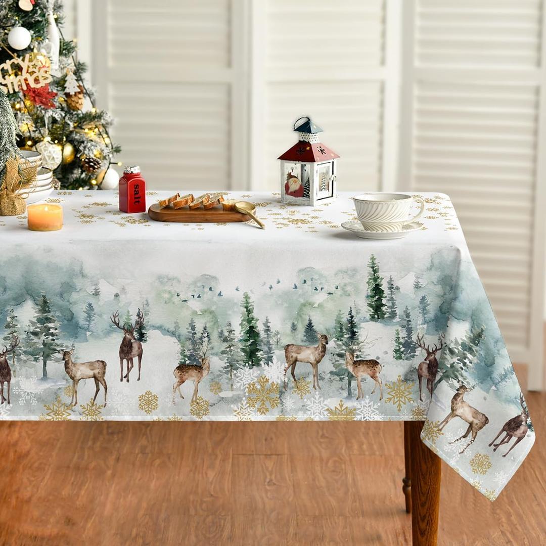 Horaldaily Christmas Tablecloth 60120 Inch, Golden Snow Deers Washable Table Cover for Party Picnic Dinner Decor (Green)