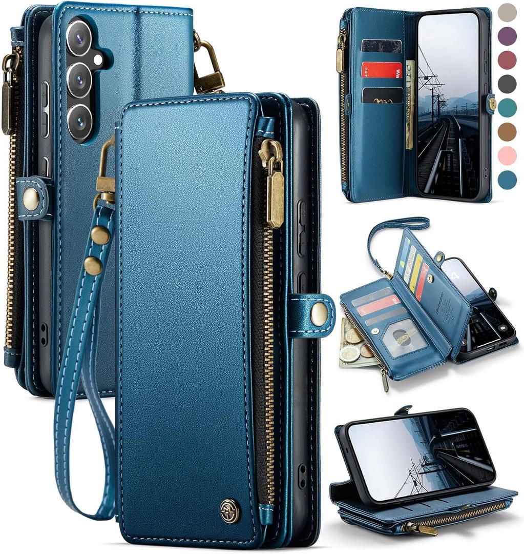 Defencase for Galaxy S25 Plus/S25+ Case Wallet with RFID Blocking Card Holder for Women Men, Elegant Leather Magnetic Snap Flip Strap Zipper Wallet Phone Cases for Samsung Galaxy S25 Plus 6.7", Blue