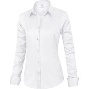 siliteelon Womens Classic-Fit Dress Shirts Long Sleeve Button Down Wrinkle-Free Stretch Solid Casual Work Office Blouse Top (Large, White)