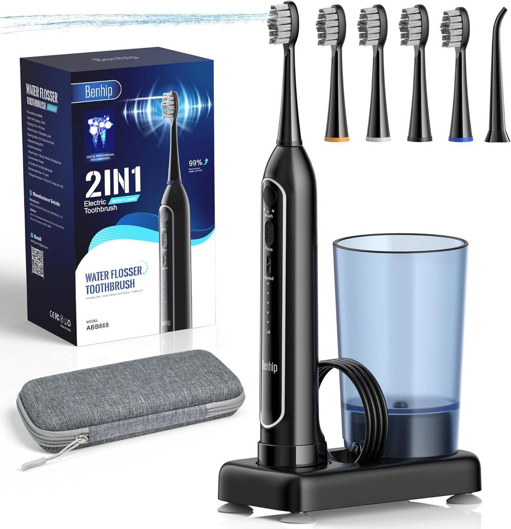 Electric Toothbrush with Water Flosser Combo for Teeth Brushing & Flossing, Sonic Electric Toothbrush for Adults, Cordless Water Flosser for Home & Travel, Portable Travel Case Included