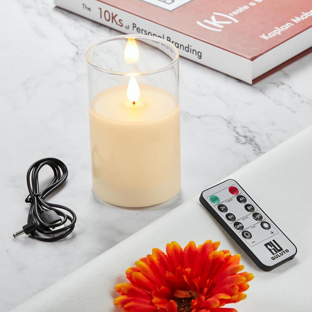 Flickering Flameless LED Candles, Battery Operated with 3D Wick, Last 1000+ Hours, Remote & Timer, Rechargeable Real Wax White Glass, Home Decor /3" x 4"