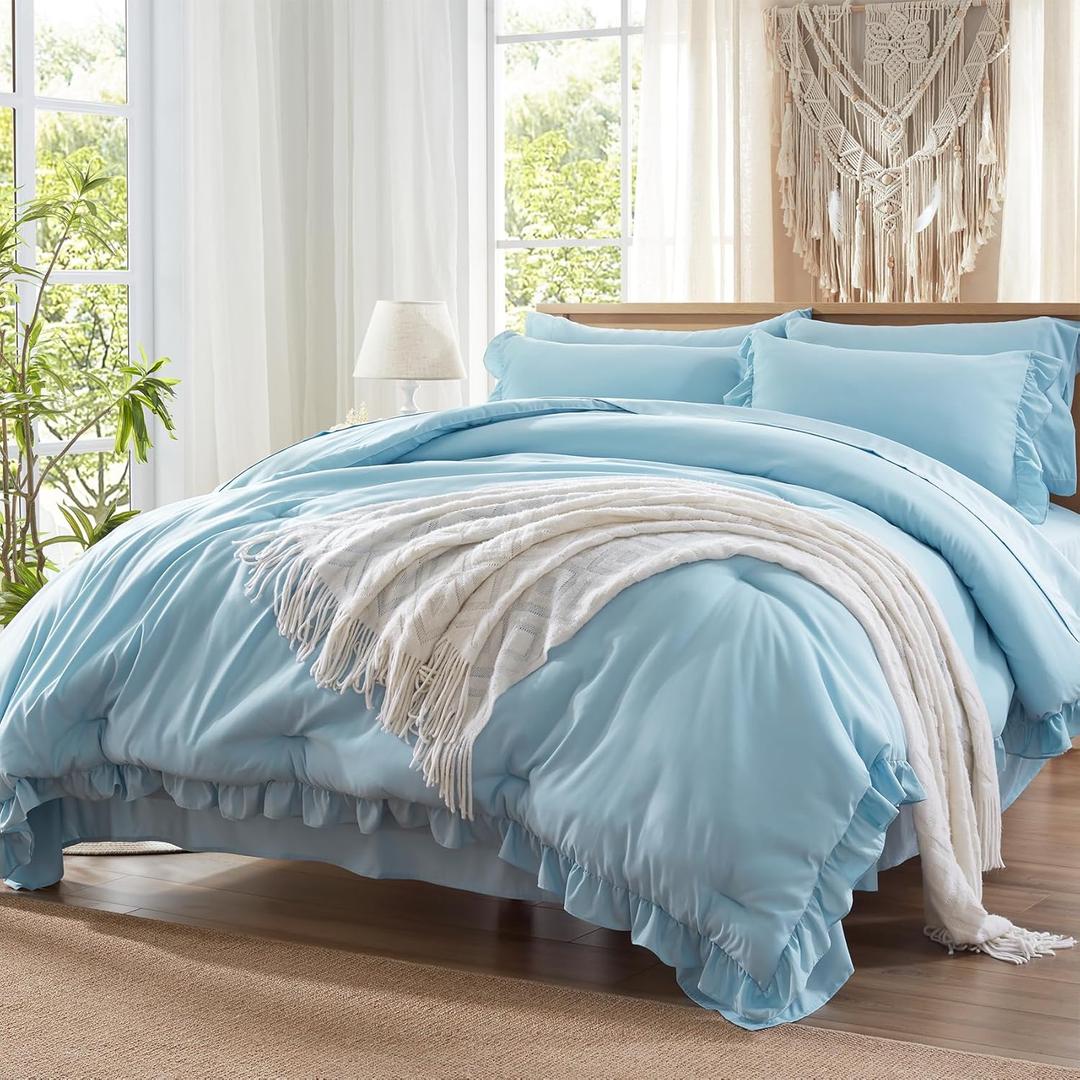 Anluoer King Comforter Set, Blue Bed in a Bag 7 Piece with Sheets, All Season Ruffle Shabby Chic Bedding Sets with 1 Comforter, 2 Pillow Shams, 2 Pillowcases, 1 Flat Sheet, 1 Fitted Sheet