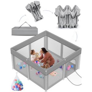 Foldable Baby Playpen 50"x50", Playard for Babies and Toddlers, Portable Safety Baby Fence Lightweight,No Installation, Indoor & Outdoor Playpen with Ocean Balls*50, Grey