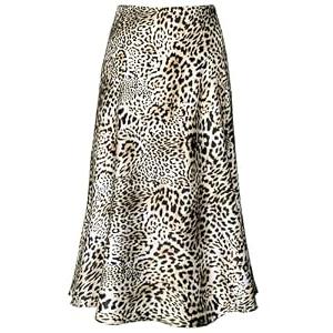 Modegal Women's Satin High Waist Hidden Elasticized Waistband Flared Casual A Line Midi Skirt (Cheetah, Small)