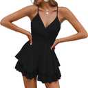 Fixmatti Women Spaghetti Strap Romper V Neck Backless Ruffle Chiffon Shorts Jumpsuit Playsuit (Small, Black)