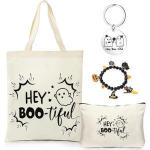 Paterr 4 Pcs Halloween Boo Basket Gift Spooky Tote Bag Keychain Cosmetic Bag Pumpkin Bracelets Ghost Love Boo Gifts for Women (Beige)