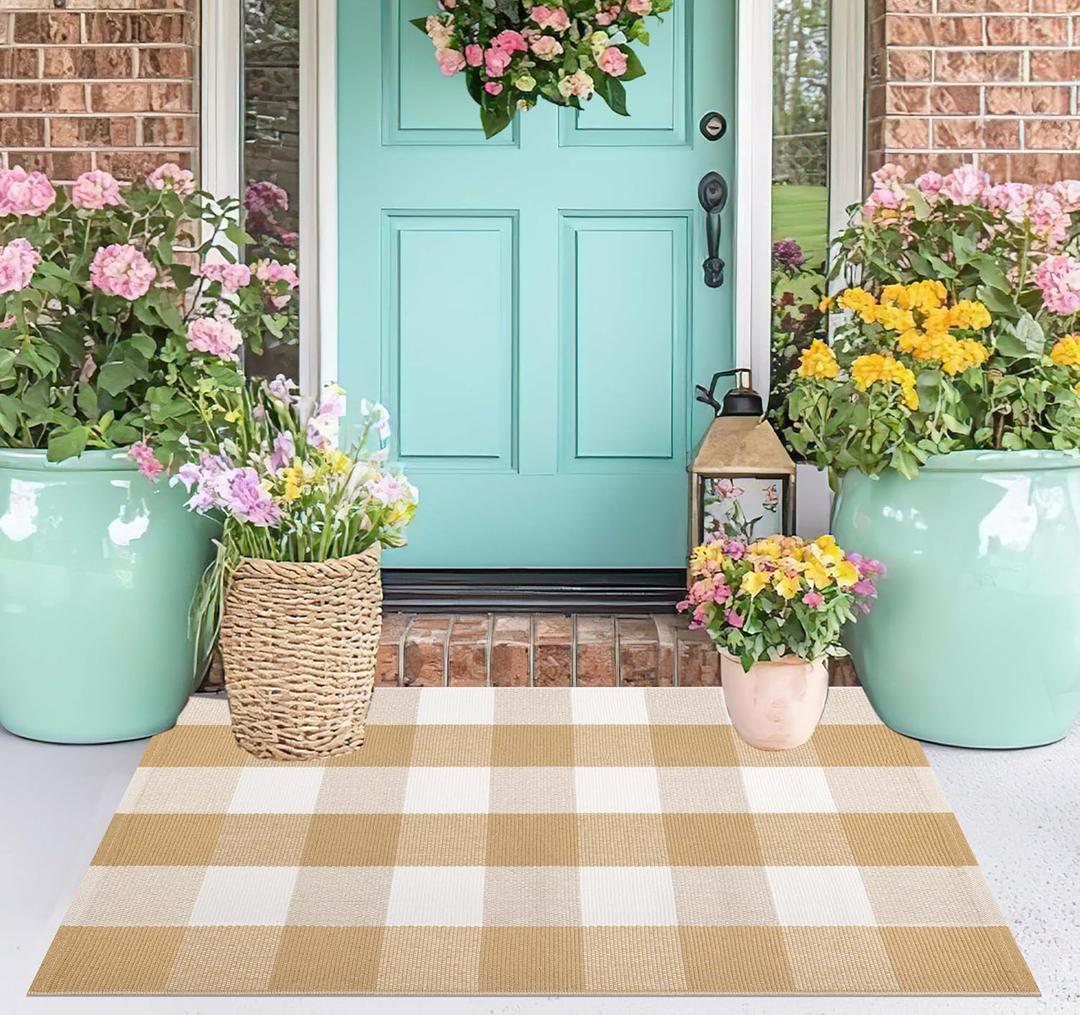 Front Door Mats Outdoor 24''X35'' Khaki and White Fall Layered Doormat Cotton Woven Farmhouse Washable Small Area Rug for Welcome Mat/Entryway/Bedroom/Living Room