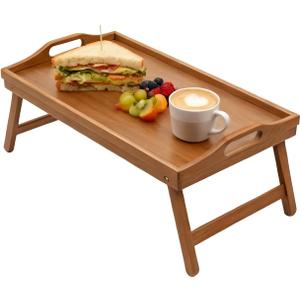 Bamboo Breakfast Tray with Folding Legs - 16.93"12.6" Acacia Wood Finish Bed Tray & Lap Tray, Perfect for Eating Meals, Sofa Snacks, TV Watching & Laptop Working(Dark Brown)