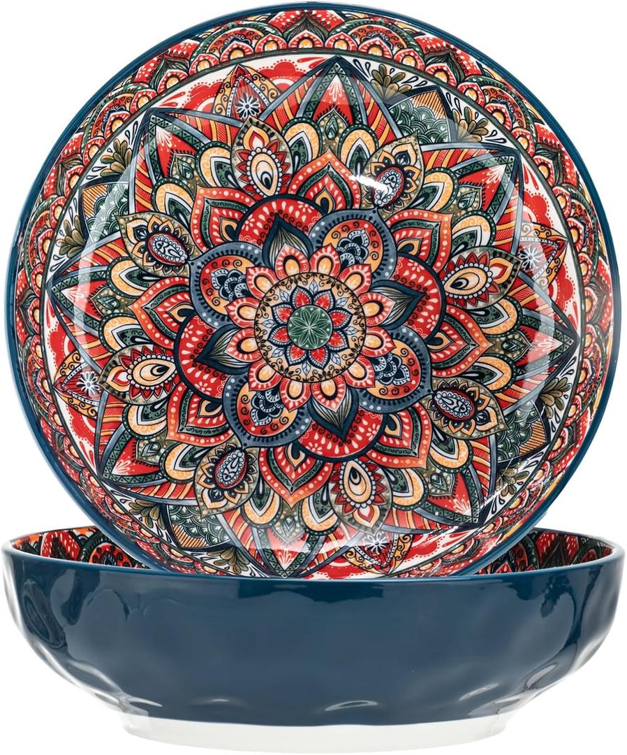 Boho Large Serving Bowls, 10.2 Inch Fruit Salad Bowls, Decorative Serving Dishes for Entertaining, 80 OZ Pasta Bowls Set of 2, Vibrant Colorful Soup Bowls for Party, Home Decor, Bohemian Style Gift (Blue)