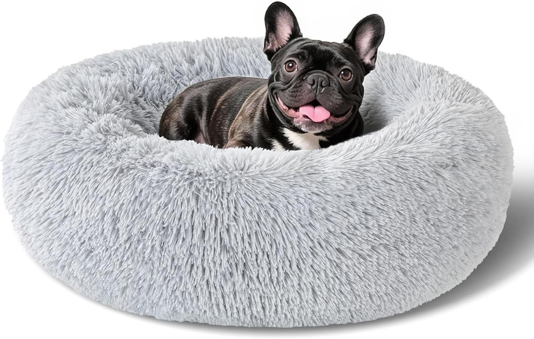 Dog Bed Calming Beds for Small Medium Dogs - Round Donut Washable Dog Bed, Anti-Slip Faux Fur Fluffy Donut Cuddler Anxiety Cat Bed(Light Grey 24")