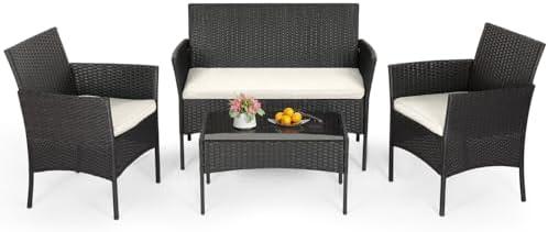 FDW | 4-Piece Patio Furniture Set | Outdoor Wicker Furniture with Coffee Table | Modern Rattan Chairs Conversation Set | Outdoor Seating | Weather-Resistant | Black | for Porch, Garden, Lawn