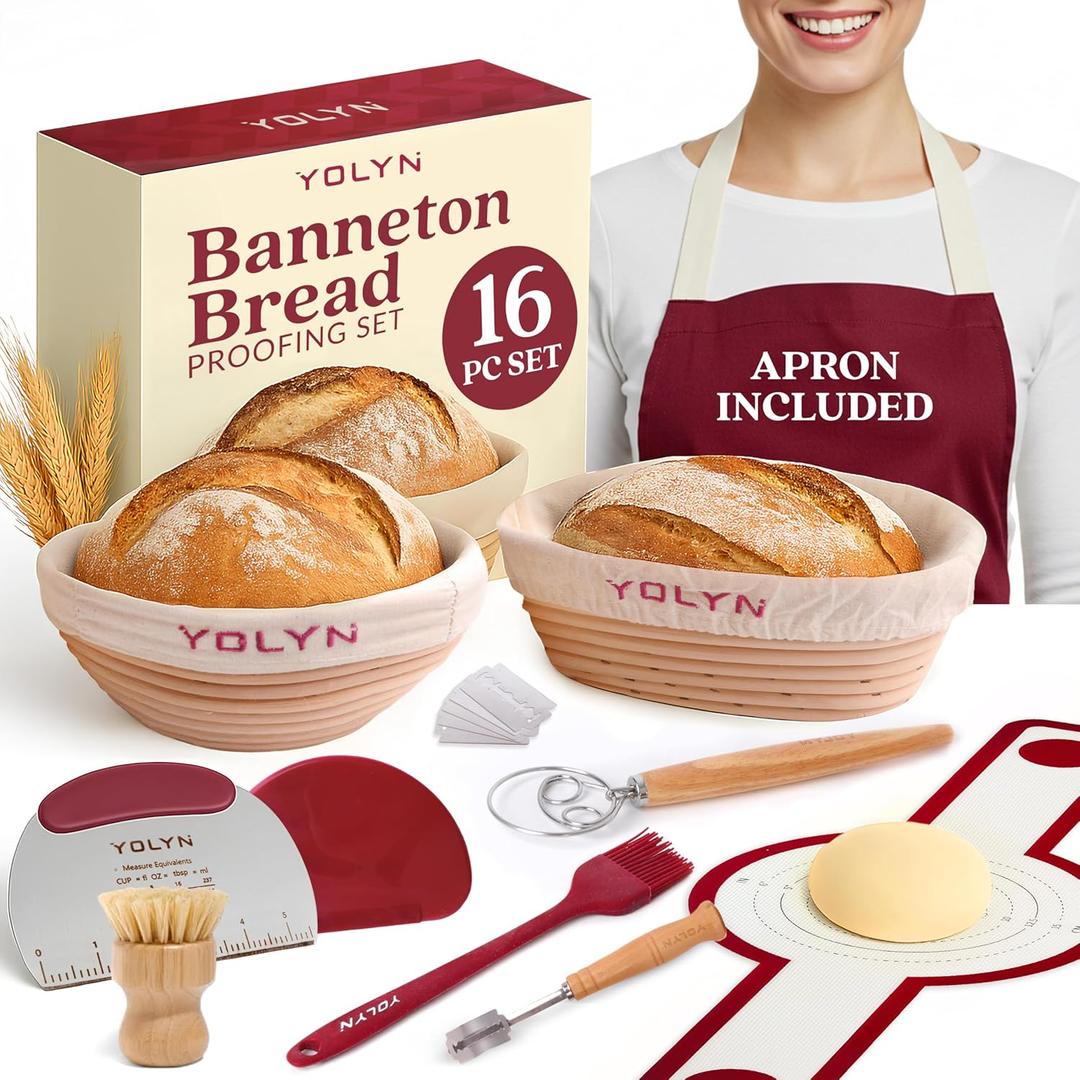 Sourdough Bread Baking Supplies with 2 Banneton Bread Proofing Basket Sizes - 16 Piece Sourdough Starter Kit Including Dough Whisk, Scraper, Lame, Apron for Artisan Bread Making