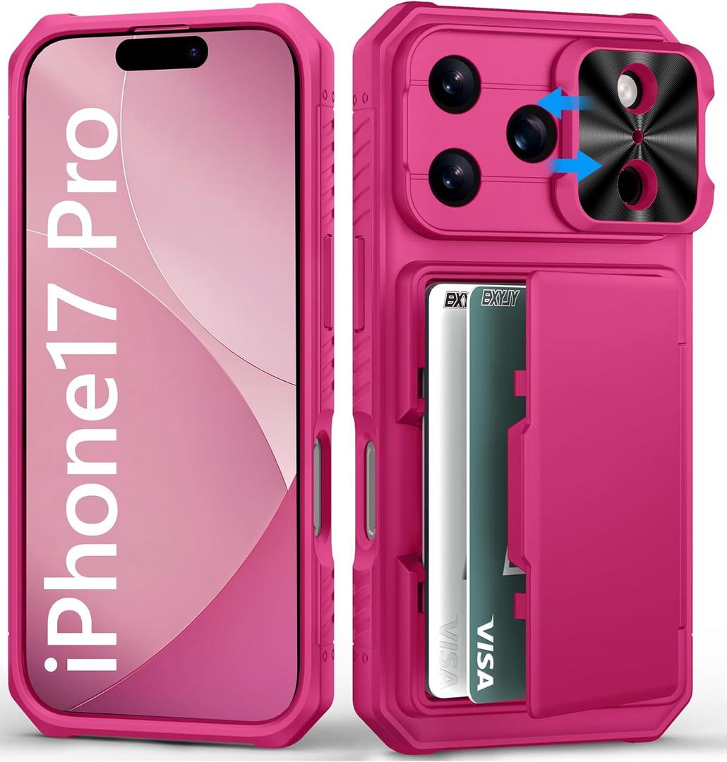 for iPhone 17 Pro Wallet Case with Card Holder (4-5 Cards), Slide Camera Cover, Military Drop Protection, Rugged Women Girly Men Protective Phone Case for iPhone 17 Pro 6.3", Hot Pink