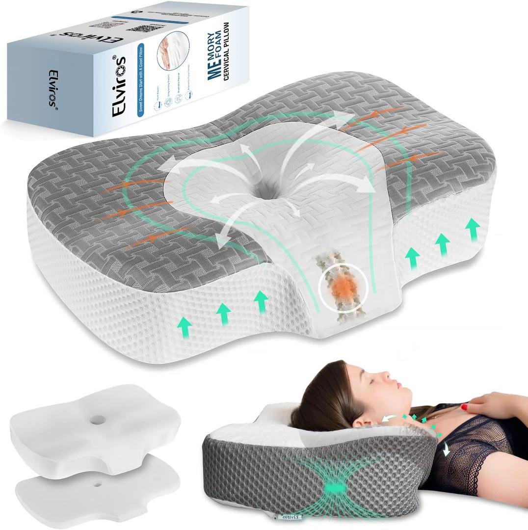 Elviros Cervical Memory Foam Neck Pillow for Side Sleeping, Orthopedic Pillows for Back and Stomach Sleepers, Adjustable Ergonomic Bed Pillow Pain Relief, CertiPUR-US, Grey