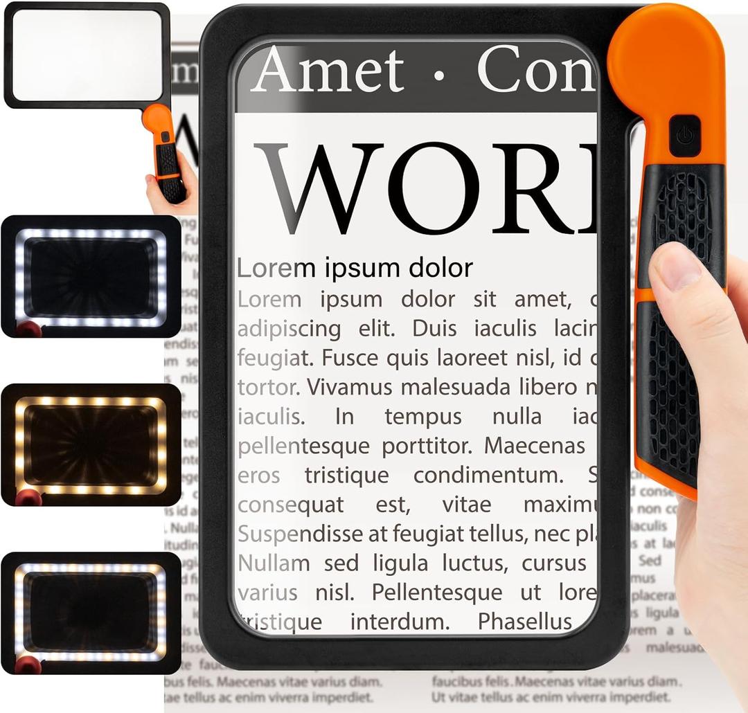Large Magnifying Glass with Light, Full Page 5X Magnifier 48LED Cold & Warm Light with 3 Modes, Folding Handheld Illuminated Lighted Magnifier for Seniors Low Vision Reading Inspection (Orange)