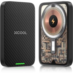 Magnetic Phone Charger, 5000mAh Ultra-Slim Magnetic Power Bank, Magnetic Portable Charger with USB-C Cable and Kickstand, Battery Pack Compatible with iPhone 16/15/14/13/12, Transparent Black (Kevlar Black)