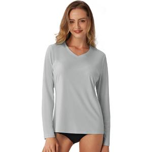Women's Standard V-Neck UPF 50+ Long Sleeve Swim Rash Guard Shirt Quick Dry Lightweight Moisture Wicking (Gray, M)
