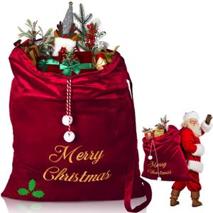 WILLBOND Christmas Burgundy Large Santa Drawstring Bags 36 x 30 Inch Jumbo Velvet Santa Bag Christmas Extra Large Gift Bags for Xmas Gift Stuffer Package Supplies