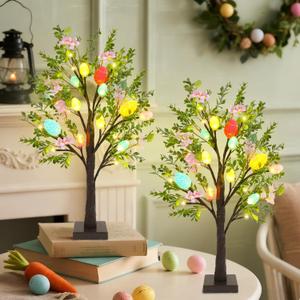 DR.DUDU Easter Decor Set of 2 Lighted 24 Inch Artificial Tree with Easter Eggs & Colorful LED Lights, Light Up Tabletop Bonsai Tree for Table Home Holiday Spring Decor