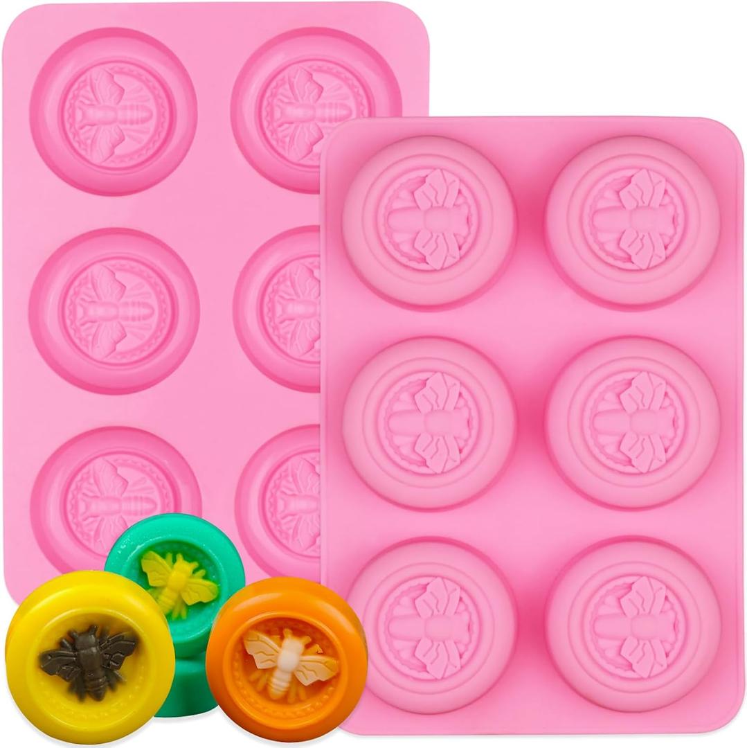 2 Pack Silicone Soap Molds, 6 Cavity Round Honeybee Silicone Molds for Homemade Soaps, Lotion Bar, Jello, Bath Bomb, Beeswax, Resin, Chocolate and Dessert (Pink)