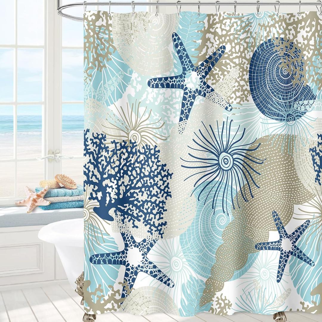 Beach Ocean Themed Shower Curtain, Cute Nautical Coastal Shower Curtain for Bathroom Decor, Summer Tropical Seashell Starfish Coral Fabric Shower Curtain Set with Hooks, Teal Blue, 72x72