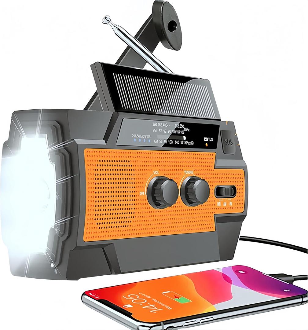 Emergency Radio: Solar Hand Crank Radio with AM/FM/NOAA Weather Alerts, Super Bright Flashlight, Induction Reading Lamp, and USB Phone Charger for Emergencies (Orange)