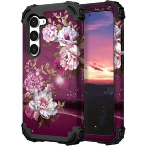 Hocase for Galaxy S23 Case, Shockproof Heavy Duty Protection Soft Silicone Rubber Bumper+Hard Plastic Hybrid Protective Case for Samsung Galaxy S23 (6.1" Display) 2023 - Royal Purple Flowers
