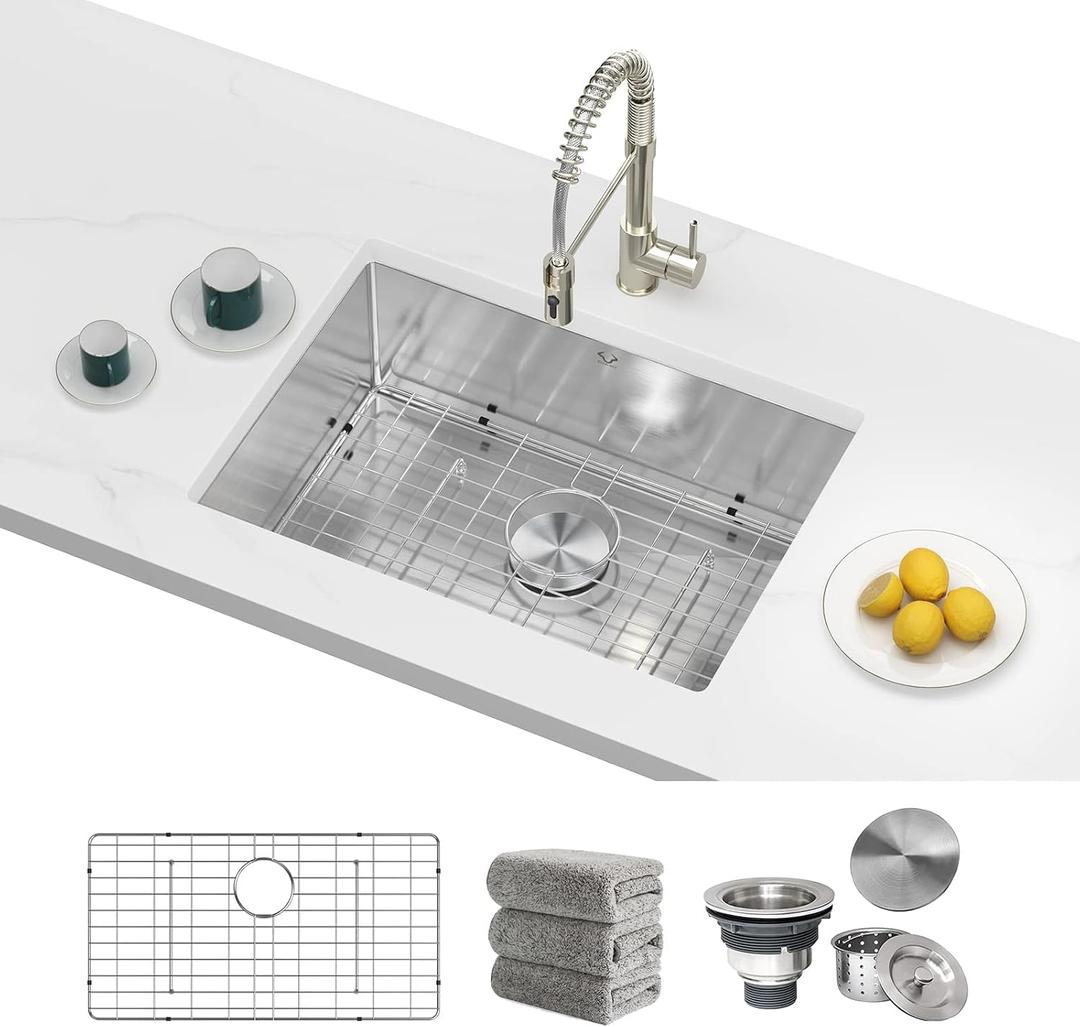 Kitchen Sinks 23x18 Inch Undermount Kitchen Sink Stainless Steel Sink 16 Gauge Single Bowl Sinks Set (5 Item Bundle: Sink, Bottom Grid, Drain Assembly, Drain Cap, Towel)