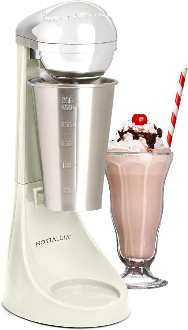 Nostalgia Two-Speed Electric Milkshake Maker and Drink Mixer, Includes 16-Ounce Stainless Steel Mixing Cup and Rod, Cream