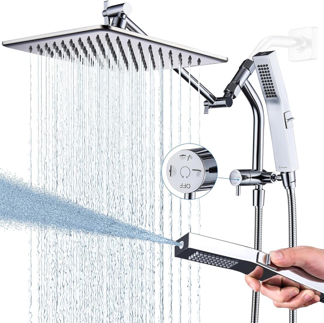 G-Promise All Metal 10 Inches Rain Shower Head with Handheld Built-in Power Wash Mode, 3-way Diverter with Pause Setting, 11 Inches Adjustable Extension Arm with Lock Joint, Long Hose (Chrome)