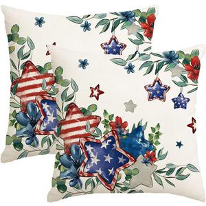 4th of July Patriotic Throw Pillow Covers 20x20 Inch Set of 2, American Flowers Stars Stripes Independence Day Decoration for Sofa Couch Home Indoor Outdoor Use Memorial Day