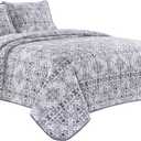 3-Piece Fine Printed Oversize (115" X 95") Quilt Set Reversible Bedspread Coverlet King Size Bed Cover (White, Purple Floral)