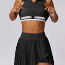 Women 2 Piece Tennis Dress High Waisted Pleated Skirt Sets Seamless Golf Outfits Sleeveless Racerback Padded Crop Top (Black)