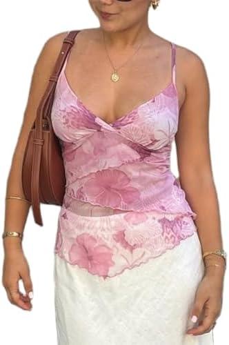 Women Y2k Mesh Tank Top Camisole Floral Print Spaghetti Strap Sleeveless V Neck Going Out Tops Cami Shirts, S