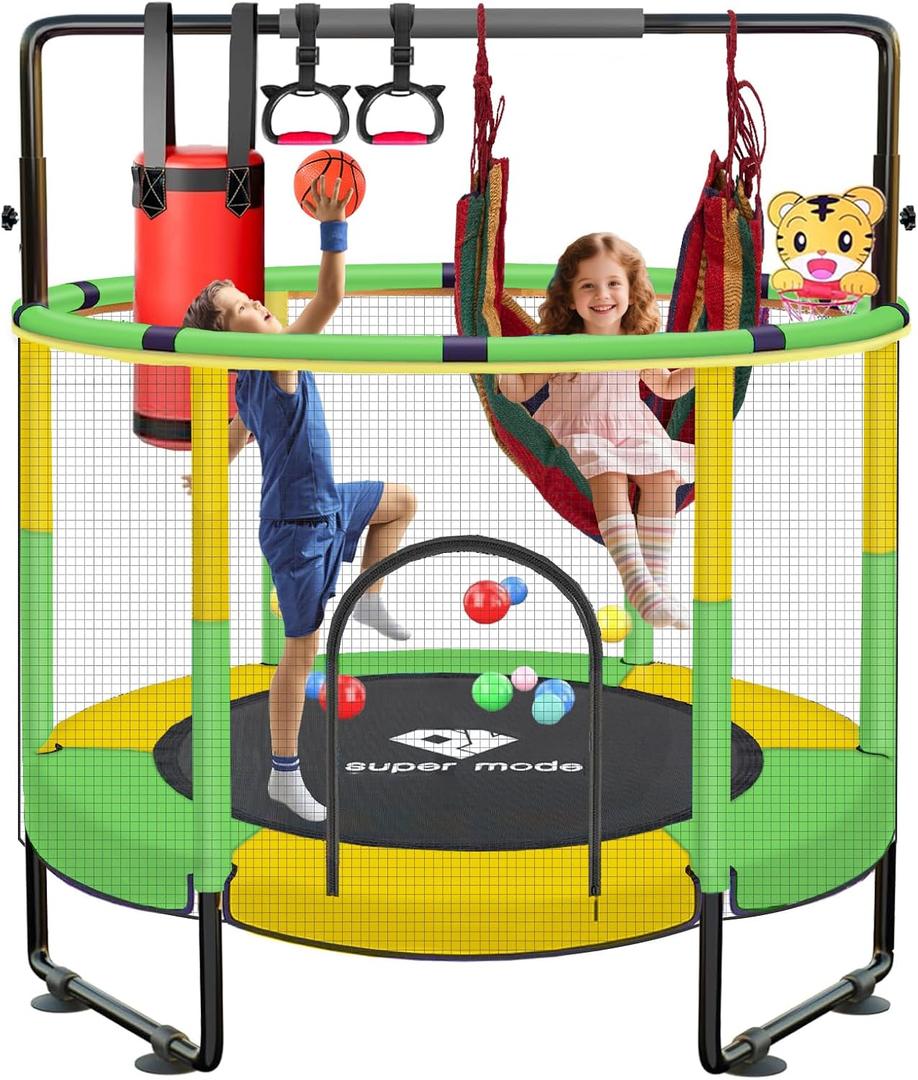 55" Indoor & Outdoor Trampoline for Kids with Enclosure, Toddler Trampoline with Adjustable Gymnastics Bar & Toys, No-Gap Safety Design