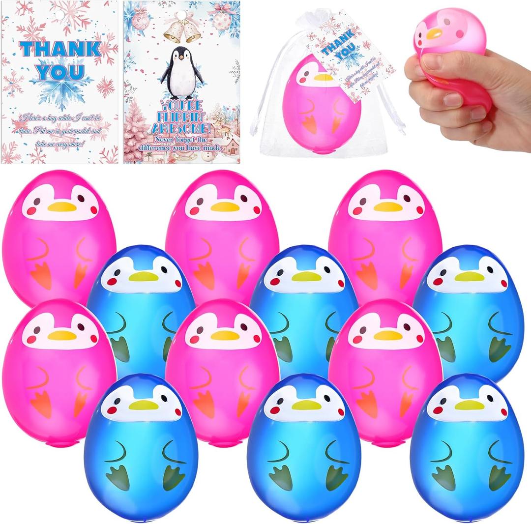 Gemscream 12 Sets Penguin Stress Balls Bulk Winter Ice Sensory Squeeze Toy with Cards Bags Funny Anxiety Relief Sugar Fidget Toy for Coworker Employee Staff Birthday Party Favor