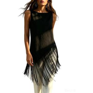 MakeMeChic Women's Crew Neck Fringe Hem Blouse Sleeveless Keyhole Back Fall Dressy Tank Tops (Black, M)