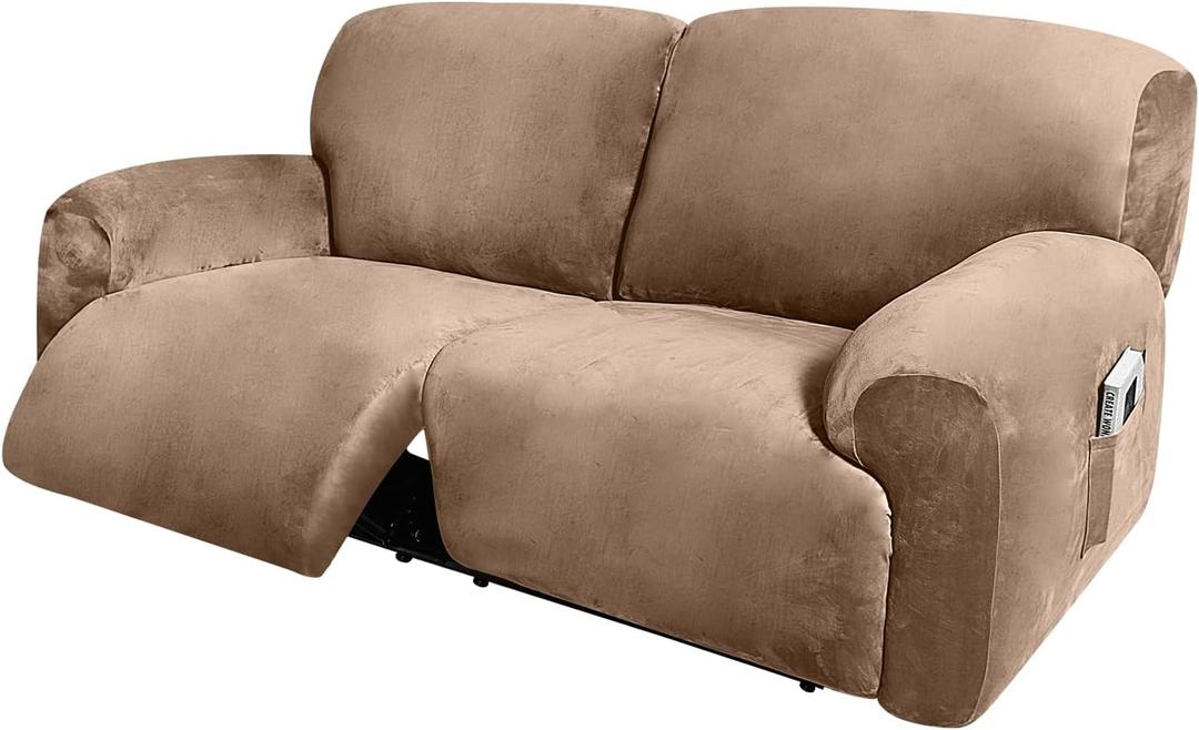 ULTICOR Extra Wide 70" - 90", Reclining 2 Seater Sofa, Extra Wide Reclining Love Seat Slipcover, 6-Piece Velvet Stretch, Reclining Sofa Covers, Thick, Soft, Washable (Sand)