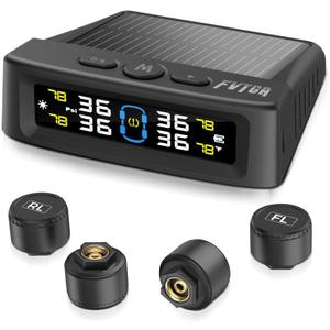 Tire Pressure Monitoring System - TPMS with Solar and USB Charger, 4 Tire Sensors and 6 Alarm Modes, Auto on/Off and Voice Prompt, TPMS with Color LCD Screen, for RV, Sedan, SUV, MPV, etc (0-87 PSI)