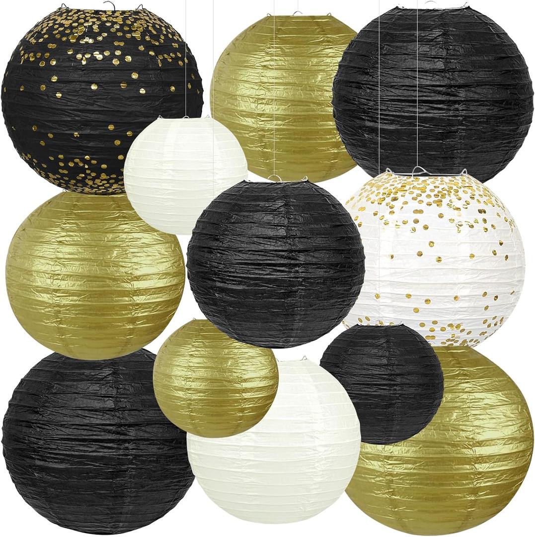 12Pcs Black Gold Graduation Decorations 2026 | 6" 8" 10" Hanging Paper Lanterns for Black and Gold Party Decorations, Birthday Decorations for Men, Retirement & Anniversary
