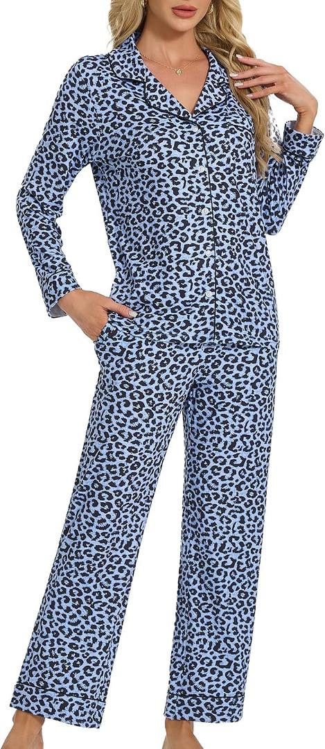 U2SKIIN Leopard Print Pajamas for Women Notch Collar Long Sleeve Pjs Button Down Soft Sleepwear 2 Piece Lounge Sets(Dark Gray Leopard-Blue, 2XL)