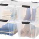 IRIS USA 32 Qt Stackable Plastic Storage Bins with Lids, 4 Pack - BPA-Free, Made in USA - See-Through Organizing Solution, Latches, Durable Nestable Containers, Secure Pull Handle - Clear