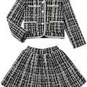 WDIRARA Girl's Tweed Plaid 2 Piece Outfit Long Sleeve Button Up Jacket A Line Skirt Set, Size 6Y