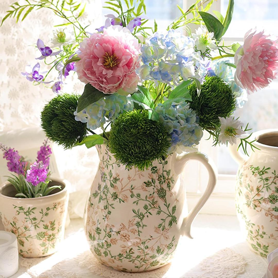 Green Floral Ceramic Pitcher 8 Single Handle Chinoiserie Ice Crackle Farmhouse Vase Vintage Flower Vase for Living Room